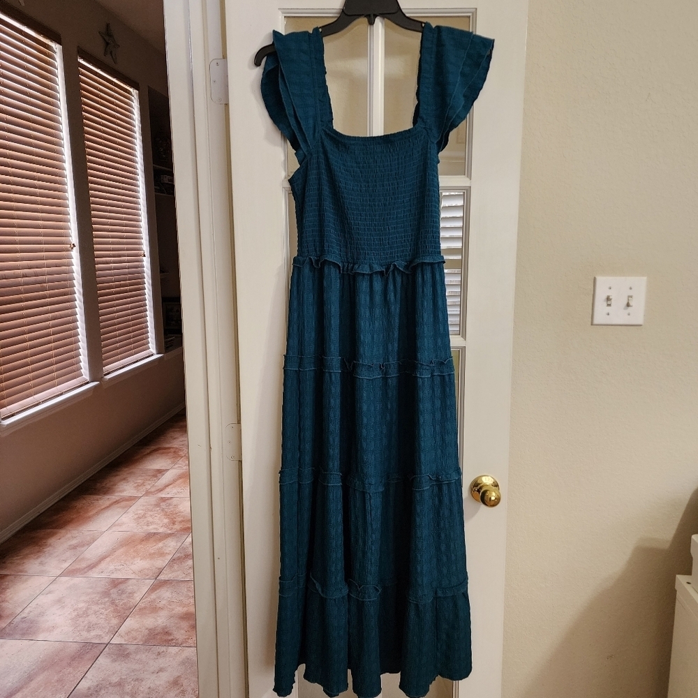 Rebellion Women’s Teal Tiered Maxi Dress Boho Cottagecore Western Ruffle Sleeves - Picture 3 of 12